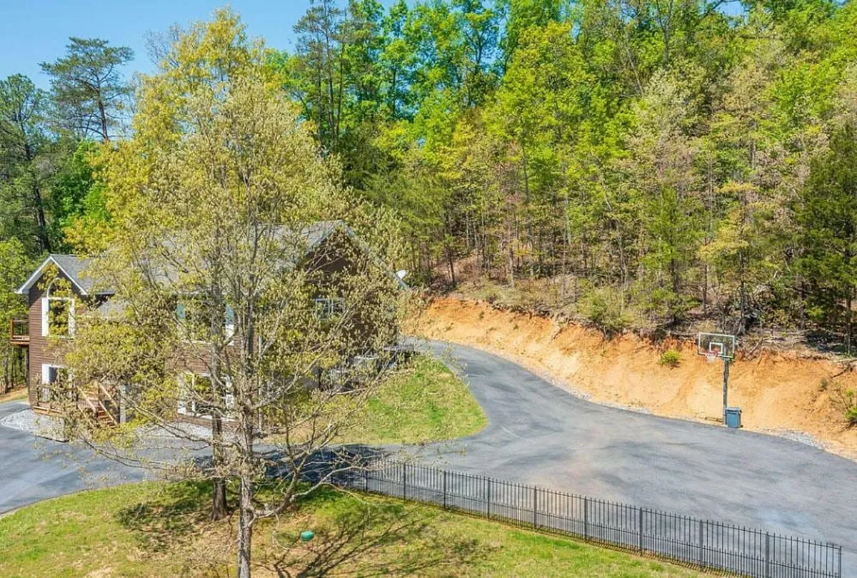 This exterior view includes a spacious yard with a basketball hoop, large shade tree, and surrounding forest, emphasizing both recreation and privacy. The two-story house stands as a backdrop to a versatile outdoor space.